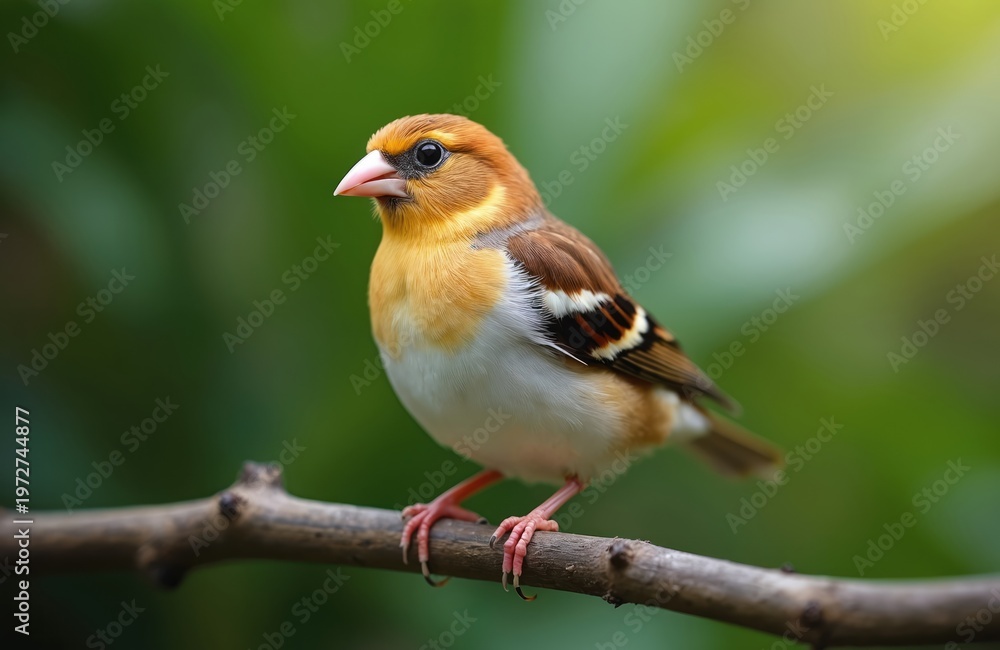 Obraz premium Small bird with brown white and orange plumage sits on a tree branch. This cute finch has a pink beak and black eyes. Its feathers are detailed. Green foliage creates a soft bokeh background.