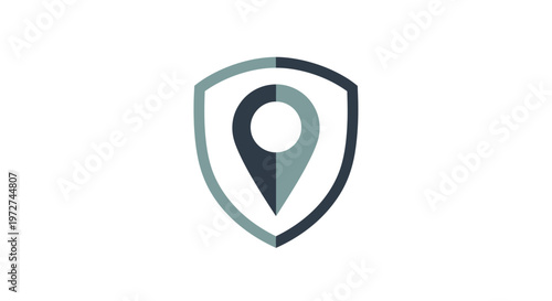 A minimalist graphic icon featuring a location pin symbol enclosed within a protective shield, representing secure location tracking or privacy.