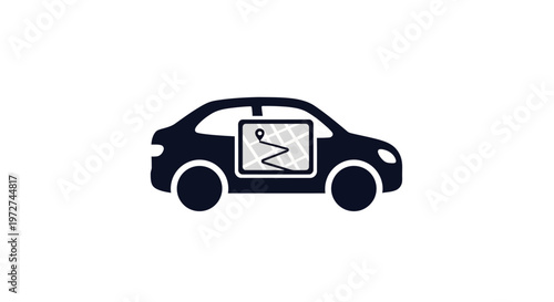 Iconic illustration of a car with an integrated navigation system displaying a route map for travel guidance.