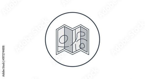 Simple line art icon of a folded paper map with abstract routes drawn on its surface, enclosed within a circular border.