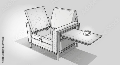 A line drawing of a reclining chair with a built-in table.
