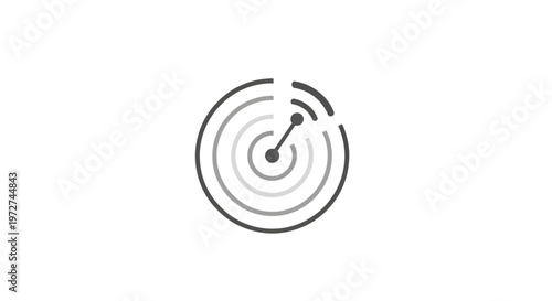 Minimalist grayscale radar or sonar icon with concentric circles and a scanning line, representing detection or signal transmission.