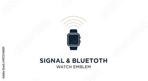 A minimalist illustration of a dark blue smartwatch emitting signal waves, with 'SIGNAL & BLUETOOTH WATCH EMBLEM' text below, set against a clean white background.