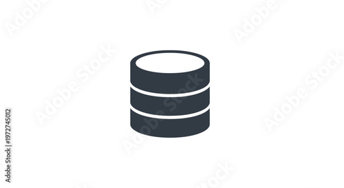 Simple dark grey database icon with three stacked cylinders on a white background, representing data storage and management systems.