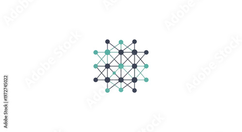 Abstract geometric pattern of interconnected dots forming a complex network structure in two colors on a white background.