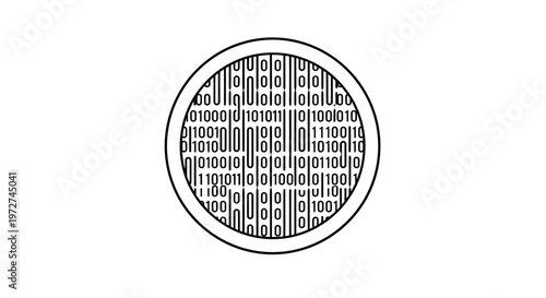 Black and white line drawing of an oval shape filled with columns of binary code, representing digital data or a technological circuit.