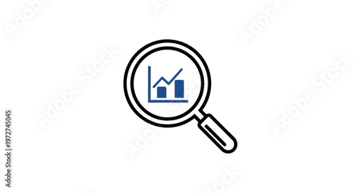 Magnifying glass analyzing a bar chart and line graph, symbolizing data research, business analytics, and statistical investigation.