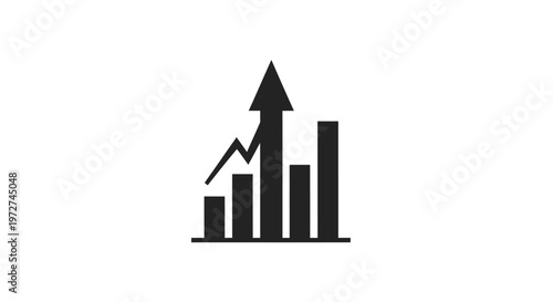 Black and white icon depicting a bar chart with an upward trend line and an arrow, symbolizing growth and positive statistics.