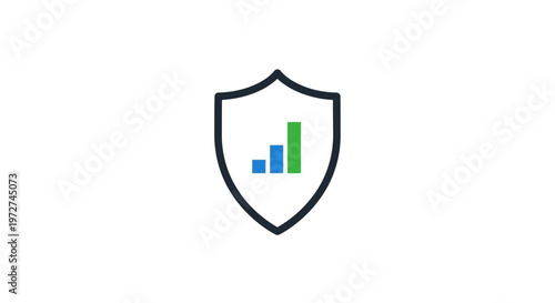 A graphic icon depicting a dark blue shield with a bar chart inside, symbolizing data security, protected growth, and performance monitoring.