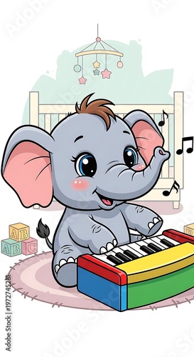 Cartoon elephant playing colorful keyboard toy.