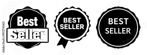 Best seller badge icon set with solid black shapes featuring ribbons, stars, awards with trophies and quality marks