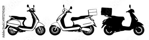 Last mile delivery scooter set with solid black icon and white background design featuring delivery, logistics, urban mobility with iconography and simplicity