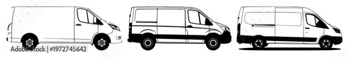 Commercial van icon set with a solid black fill and simple side view silhouette featuring automotive, vehicle, transportation with delivery van and cargo van