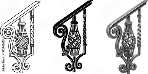Elegant wrought iron railing section a classic architectural detail with intricate scrollwork and twisted baluster design isolated on white