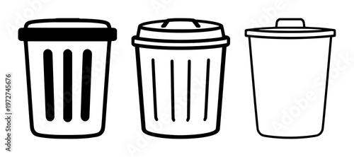 Trash can delete icon set with solid black fill featuring wastebasket, garbage, refuse with remove and clear symbols