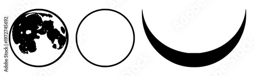 Night mode moon icon set with solid black silhouette on white background featuring lunar phase, nocturnal theme, minimalist graphic with iconography and vector design