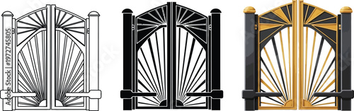 Elegant Art Deco gate design with fan pattern available in outline solid and black and gold vector illustrations for architectural projects