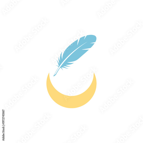Blue feather on yellow crescent moon.