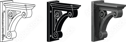 Classic ornate architectural bracket featuring elegant scrollwork in line art silhouette and grayscale vector styles isolated for design pro