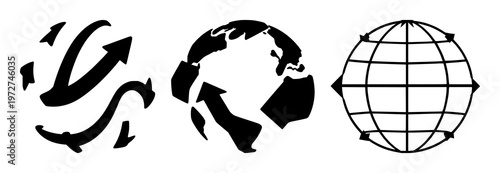 Outsourcing globe arrows icon set with solid black design on white background featuring outsourcing, globe, arrows with graphic, illustration and vector