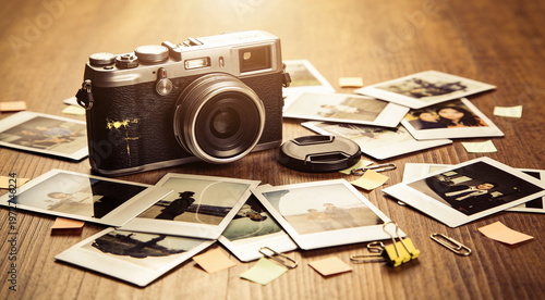 Vintage rangefinder camera surrounded by scattered instant photos on a wooden desk, nostalgic photography concept, creative workspace with polaroid style prints and stationery, warm retro aesthetic.