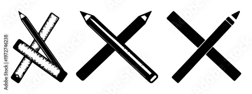 Pencil and ruler set with solid black icon on white background featuring design, geometry, illustration with measurement and drawing