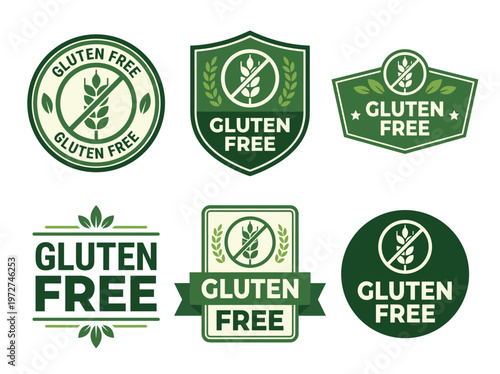 Allergen free food badges: gluten free wheat stalk icons with green decorative stamp motifs.