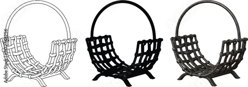 Firewood basket vector illustrations showcasing outline solid and textured designs perfect as a home heating accessory or winter decor eleme