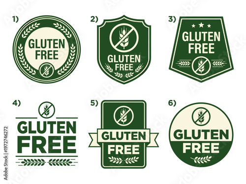 Gluten free product labels: green wheat icon emblems for allergen free food certification badges.