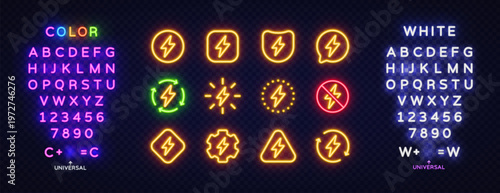 Neon alphabet and electric energy icons glowing in bright colors. Set of lightning symbols in different frames and styles on transparent background. Perfect for technology design