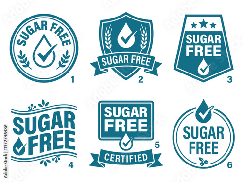 Sugar free product label emblem set, teal blue certification badges for healthy food packaging