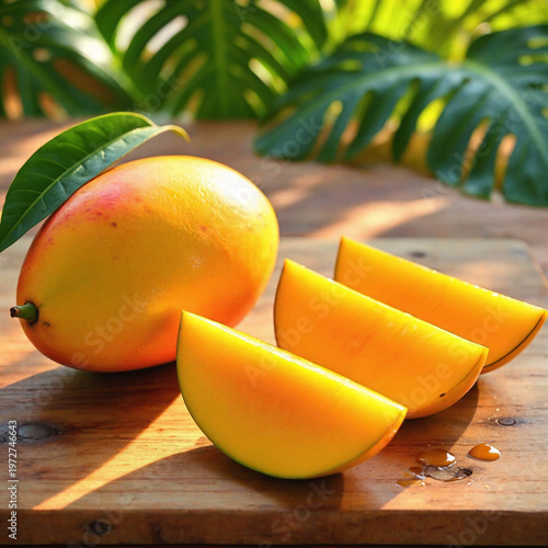 Fresh ripe mangoes and sliced pieces displayed on wooden board with tropical leaves nearby.