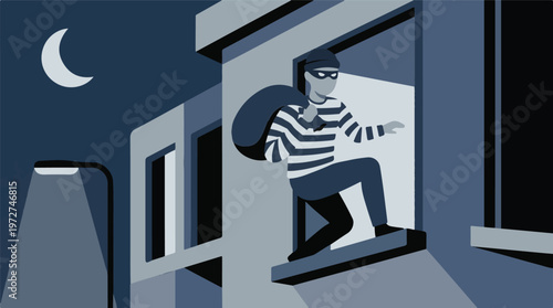Tablou pe pânză Burglar escaping a building through a window at night carrying a sack