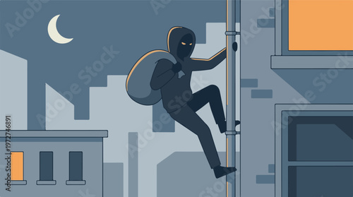 Obraz na płótnie Burglar in hoodie climbing a building with a sack at night in a city