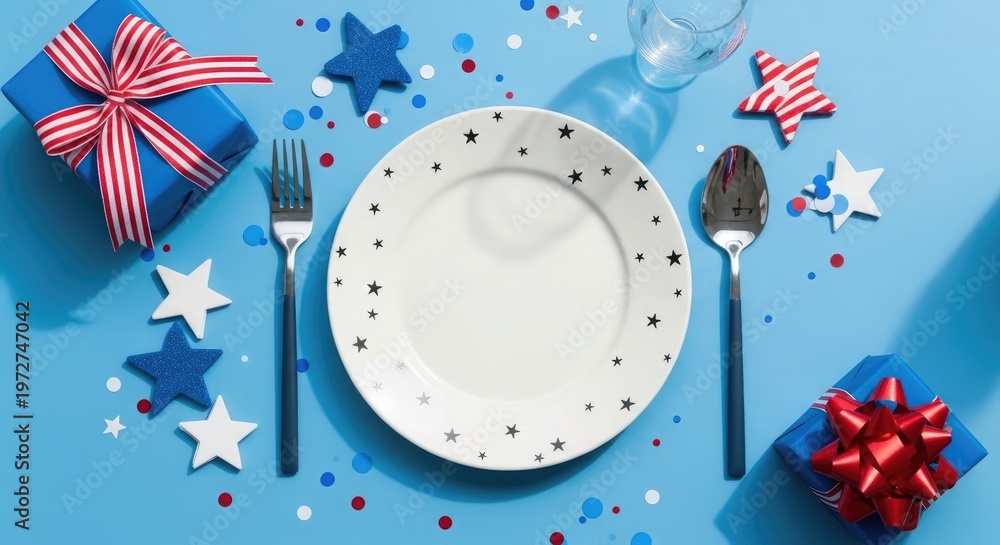 Obraz premium Festive fourth of july table setting with patriotic decorations and empty plate