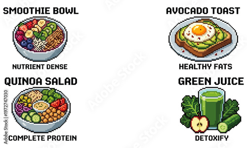 A vibrant illustration of a nutritious breakfast spread featuring a smoothie bowl, quinoa salad, avocado toast, and green juice on a clean table.
