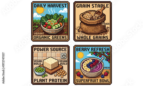 A vibrant display of organic foods including greens, grains, plant protein, and superfruit arranged in a colorful grid on a table.