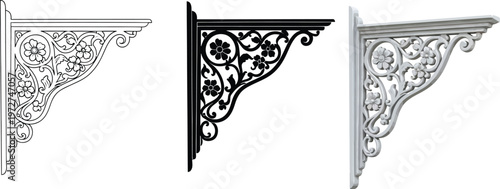 Set of ornate cast iron style brackets featuring intricate floral and scrollwork patterns ideal for vintage architectural design or home dec