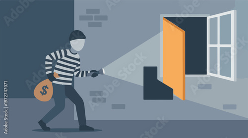 Tableau sur toile Burglar with flashlight and stolen money bag escaping a building at night