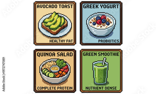 A digital illustration displays four healthy food icons including avocado toast, Greek yogurt, quinoa salad, and green smoothie.