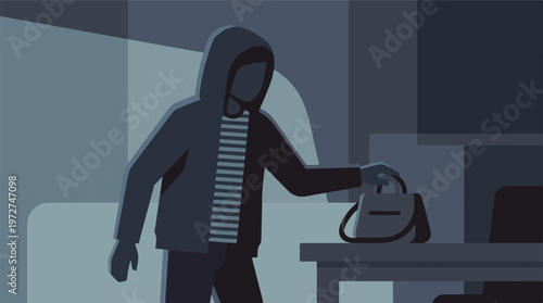 Tableau sur toile Thief in hooded jacket stealing a handbag from a table in a dark setting