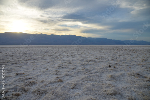 Salt Flats and Mountain Range at Badwater Basin in Death Valley National Park