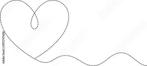 Dashed heart shape with long wave tail and small loop detail in black color on grid background for romantic theme layouts and decorative finishing.