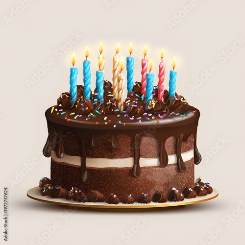 A delicious chocolate cake with colorful candles and sprinkles on top