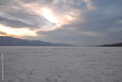 Salt Flats and Mountain Range at Badwater Basin in Death Valley National Park