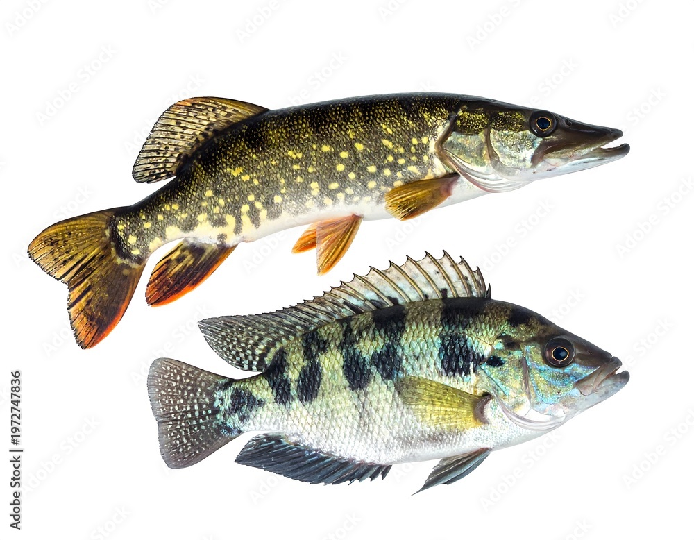 Fototapeta premium Two different fish isolated against a clean white backdrop. One is long and slender with spotted skin; the other has striped markings