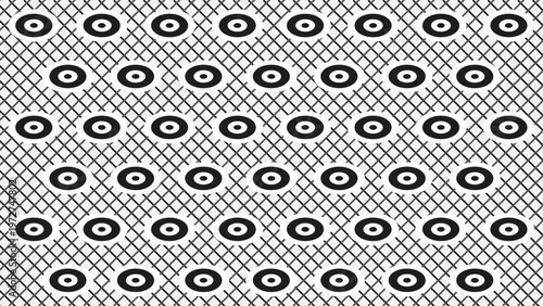 Seamless black and white geometric pattern, a modern vector illustration. Intricate diagonal grid lines and repeating abstract concentric circles create a subtle optical illusion, perfect