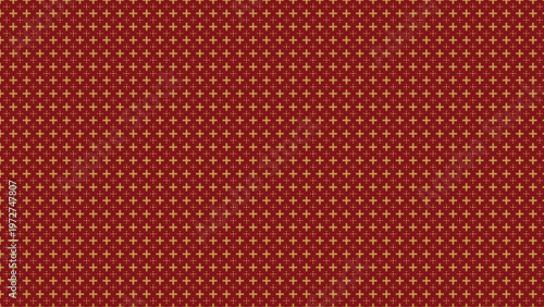 Seamless pattern featuring small golden cross shapes and dots on a rich dark red background, creating a luxurious, elegant geometric design, perfect for festive holiday wallpapers, classic