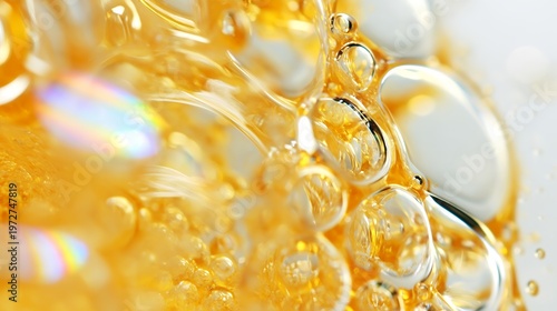 Macro shot of golden liquid bubbles and refraction with no people