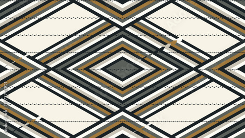 Seamless pattern with modern geometric rhombus and stripe design, featuring elegant diagonal lines in a neutral palette of cream, gold, and grey, creating a sophisticated abstract